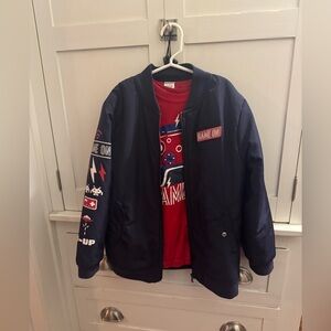 Navy Bomber Jacket with Red Graphic Tee